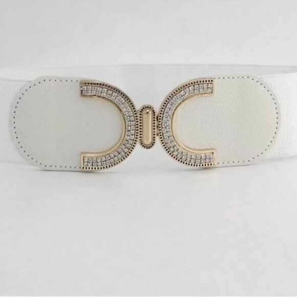 Accessories - Rhinestone Buckle With Elastic Waist Belt White